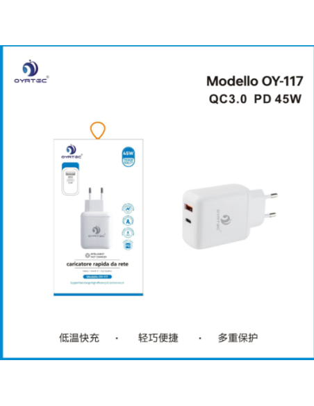 Caricatore Rapido USB C 45W Caricabatterie USB A + C Presa Rapido OY-117