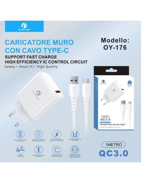 CARICATORE DA RETE CON CAVO TYPE-C QC3.0 18W OY-176