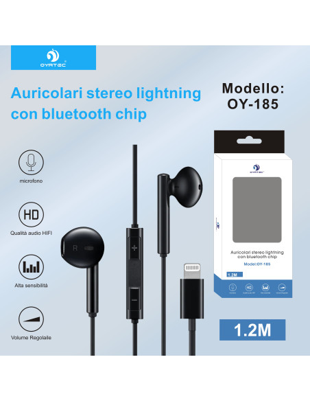 AURICOLARE STREO LIGHTNING CON BLUETOOTH CHIP 1.2M OY-185