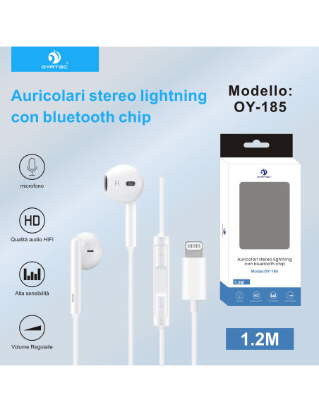 AURICOLARE STREO LIGHTNING CON BLUETOOTH CHIP 1.2M OY-185