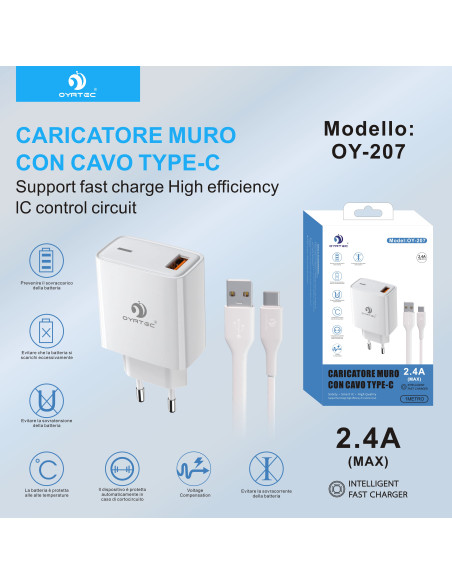 CARICATORE DA RETE CON CAVO USB-TYPE C 2.4A OY-207