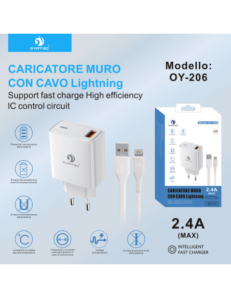 CARICATORE DA RETE CON CAVO USB-LIGHTNING 2.4A OY-206