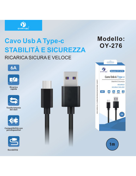 CAVO USB-TYPE C 1M 6A OY-276 NERO