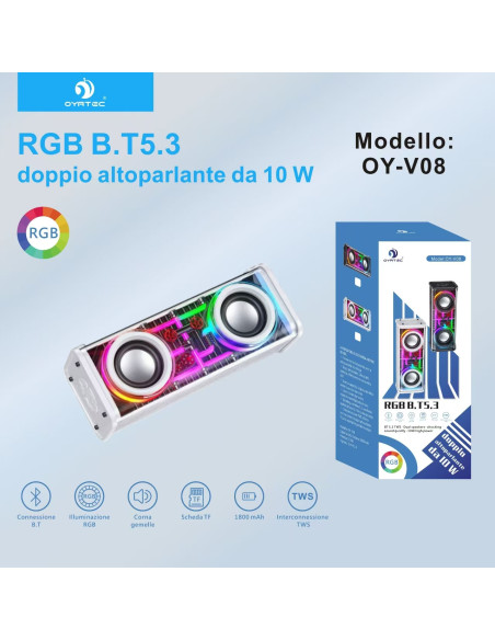OAltoparlanti Bluetooth Trasparenti Luce RGB OY-V08 NERO