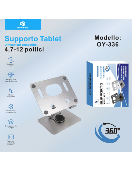 Supporto per Tablet- Girevole a 360 gradi OY- 336 ARGENTO