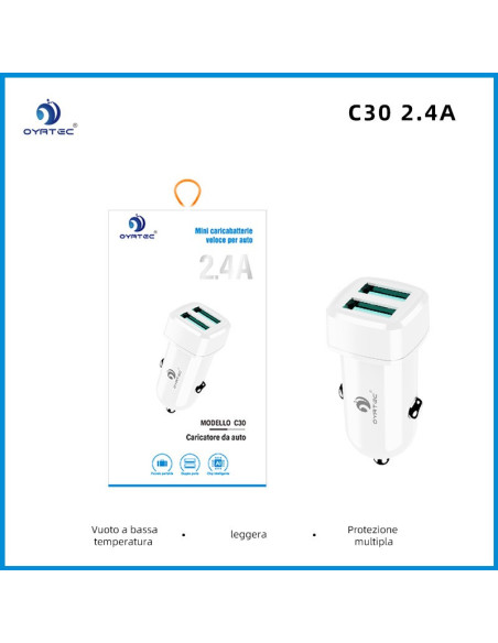 CARICATORE PER AUTO DOPPIA USB 2.4A C30