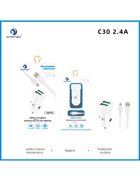CARICATORE PER AUTO DOPPIA USB CON CAVO LIGHTNING C30
