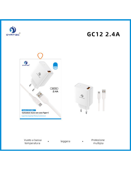 CARICATORE DA RETE CON CAVO USB-LIGHTNING 2.4A GC-12