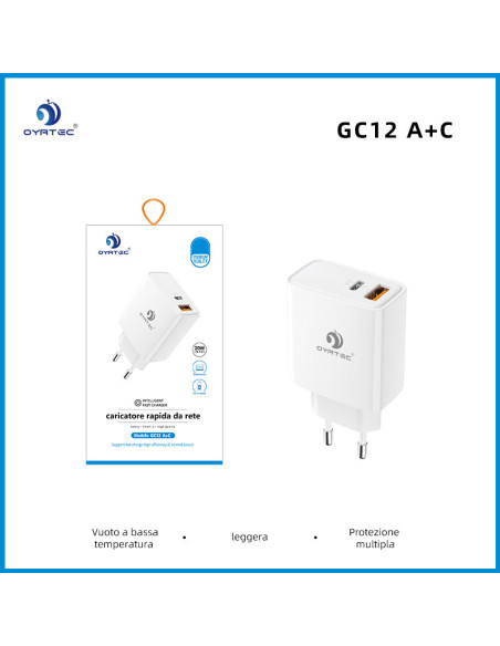 CARICATORE DA RETE RAPIDA CON DOPPIA USCITA  20W GC-12